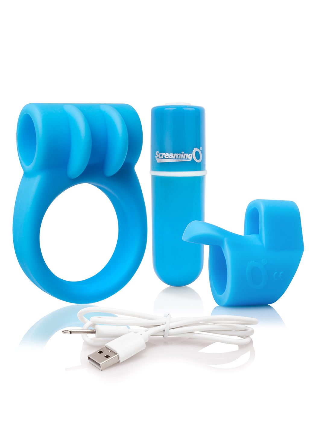 Screaming O Charged Combo Kit — Blue Cock Ring & Fingertip Sleeve - ACK-BU-101E