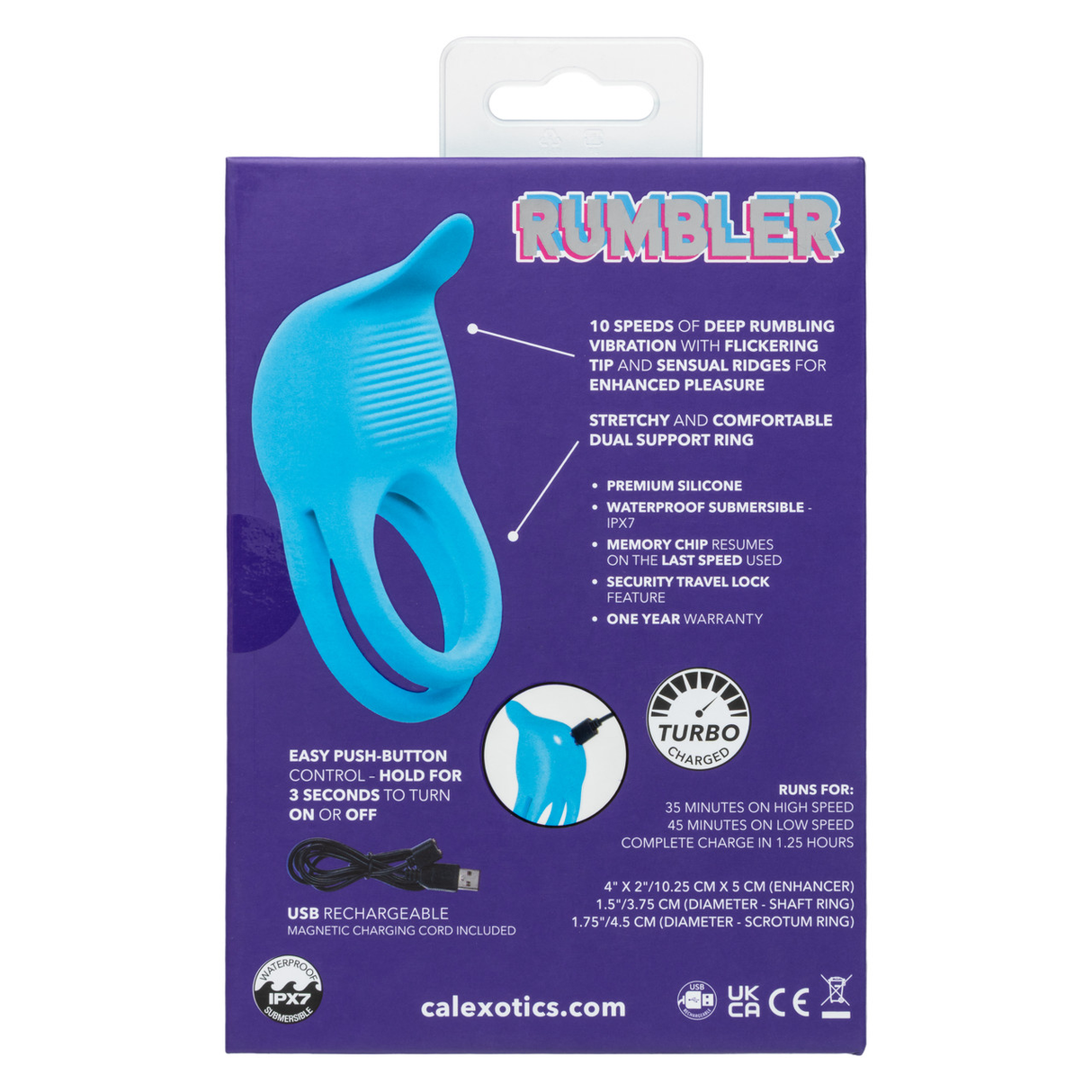 CalExotics Rumbler Rumble Rechargeable Dual Cock Ring — Blue - SE4376053
