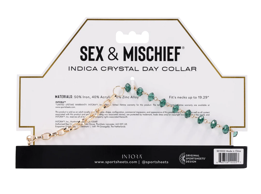Sportsheets Indica Crystal Day Collar — Green Gems & Gold Chain, Adjustable 9 to 20 in - SS10222