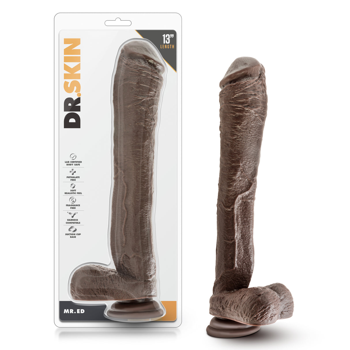 Blush Dr. Skin Mr. Ed 13-Inch Dildo with Suction Cup, Chocolate - BL-15436