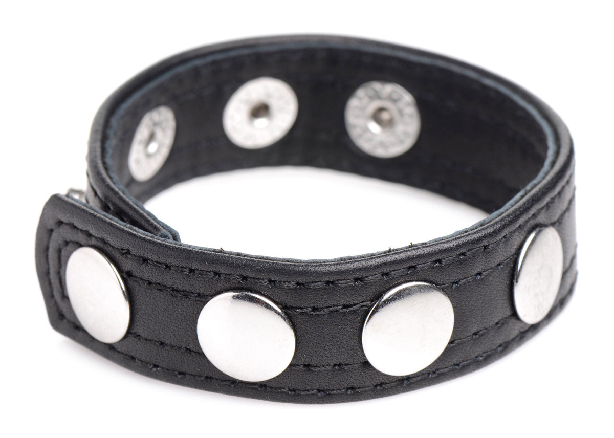 XR Brands Leather Speed Snap Cock Ring — Black, Adjustable - STR-AG845-BLK