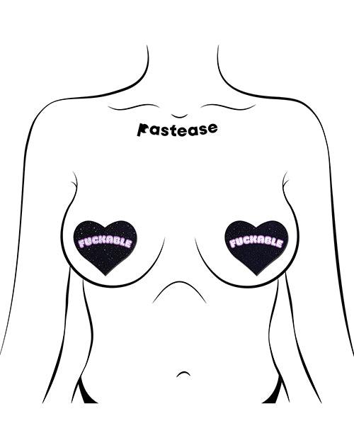 Pastease F*CKABLE Heart Pasties — Black Glitter Velvet with Pink Lettering, O/S