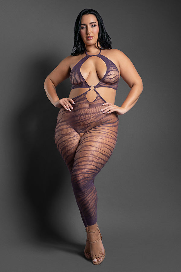 Fantasy Lingerie Set Me Free Footless Open-Crotch Bodystocking — Queen, Dark Purple - FL-SF1013-QS-B