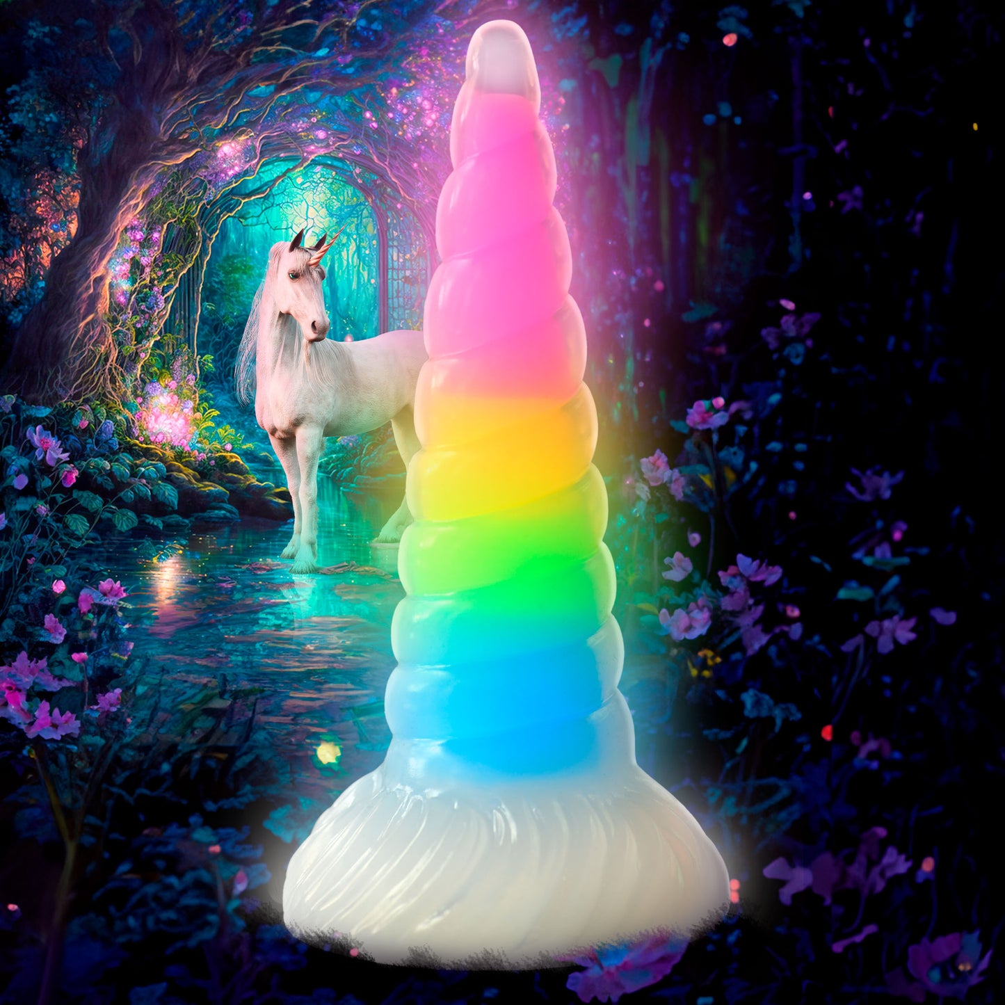 Uni-Glow Glow-In-The-Dark Rainbow Silicone Dildo by Creature Cocks