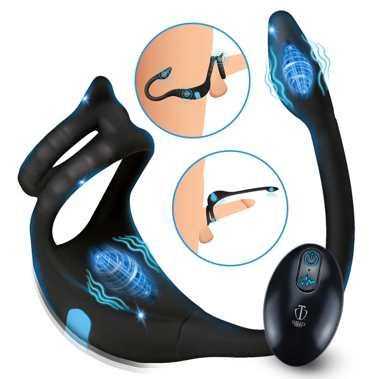 Trinity Men Vibrating Silicone Cock Ring & Anal Stimulator — Black - 848518054555