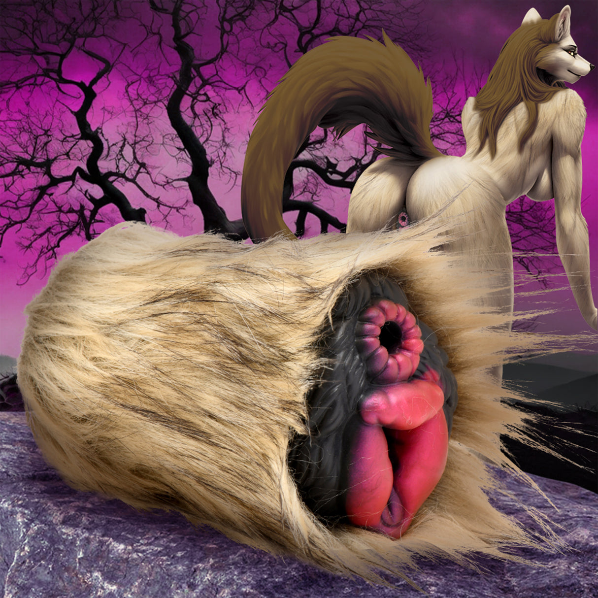 Creature Cocks Savage She‑Wolf Silicone Stroker — Two‑Tunnel, Removable Fur - CC-AH618