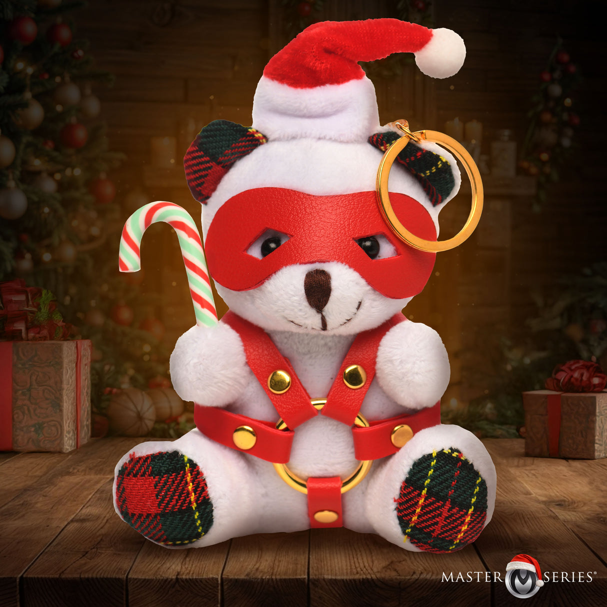 Master Series Holiday Bondage Bear Keychain — White Plush - 848518058805