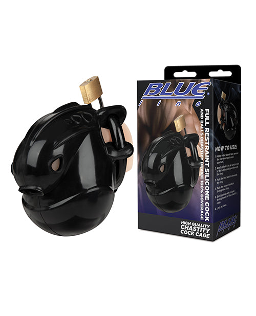 Full Restraint Silicone Cock & Balls Chastity Device - 100% Coverage Black by Blue Line
