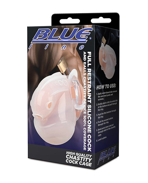 Full Restraint Silicone Cock & Balls Chastity Device - 100% Coverage White by Blue Line