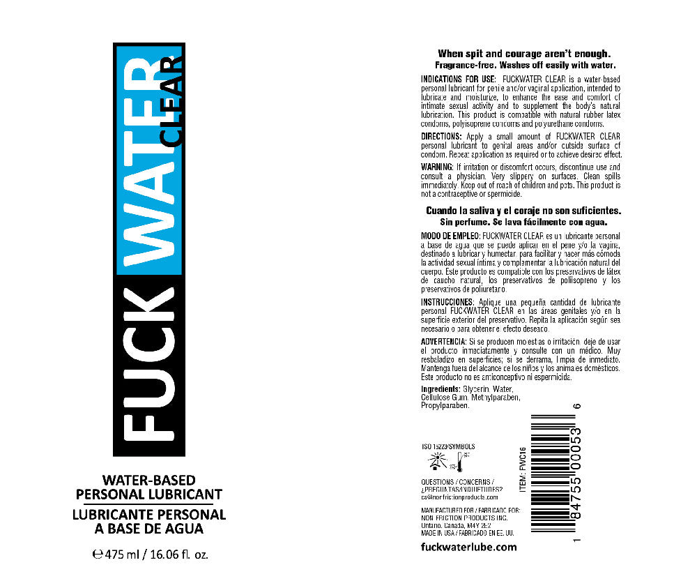 Fuck Water Clear 16oz Water Bases Lubricant by Fuck Water