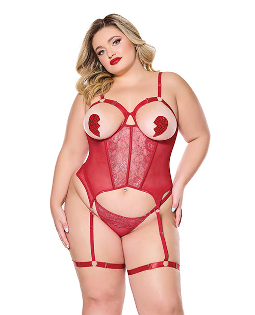Metallic Stretch Scallop Lace and Mesh Bustier w/Thong - Red 1X/2X by Coquette