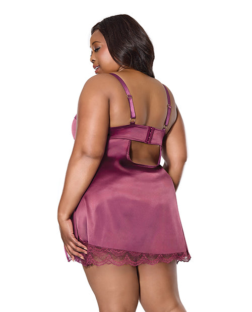 Scallop Lace Trimmed Stretch Satin Chemise w/Underwire Cups - Mauve Plum 3X/4X by Coquette