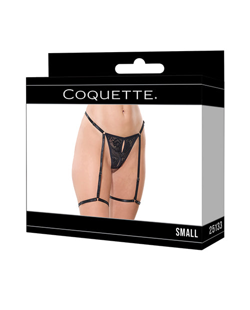 Coquette Lace Thong with Attached Garters — Black, Small