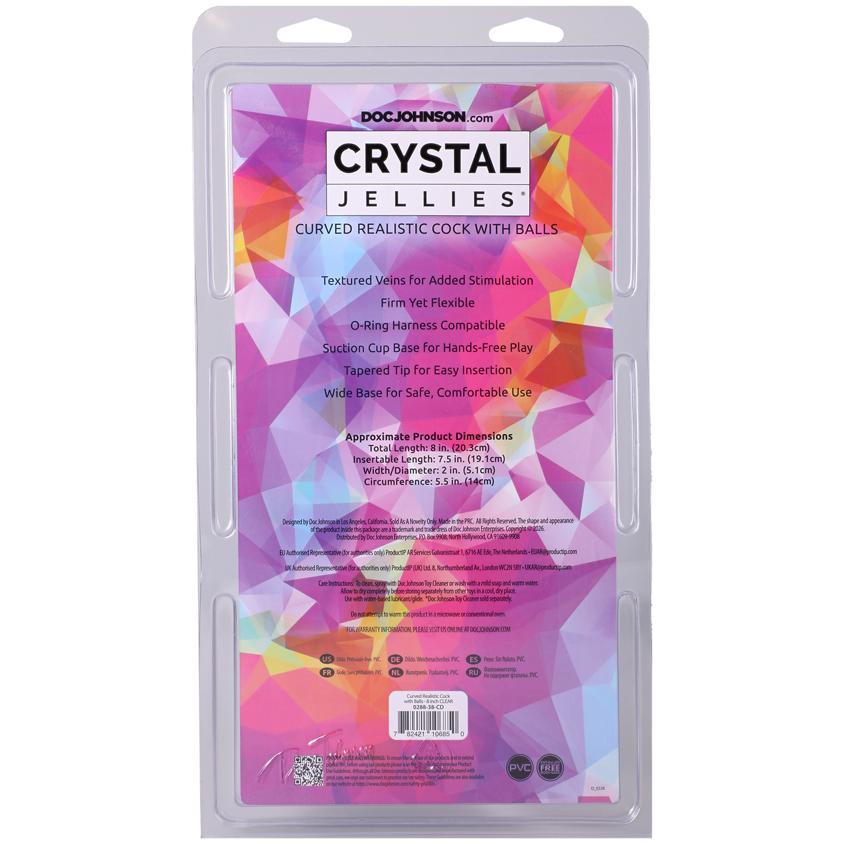 Doc Johnson Crystal Jellies Curved Realistic Dildo with Balls, 8 in Clear - DJ0288-38-CD