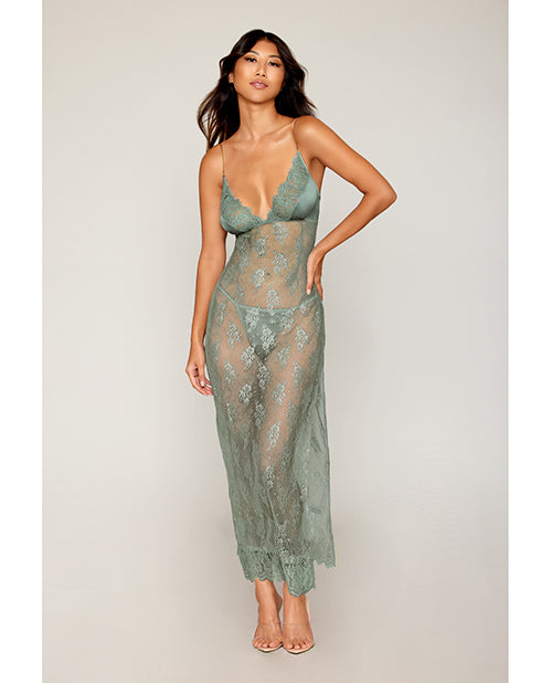 Eyelash Lace & Satin Long Chemise w/G-String - Sage Green XL by Dreamgirl