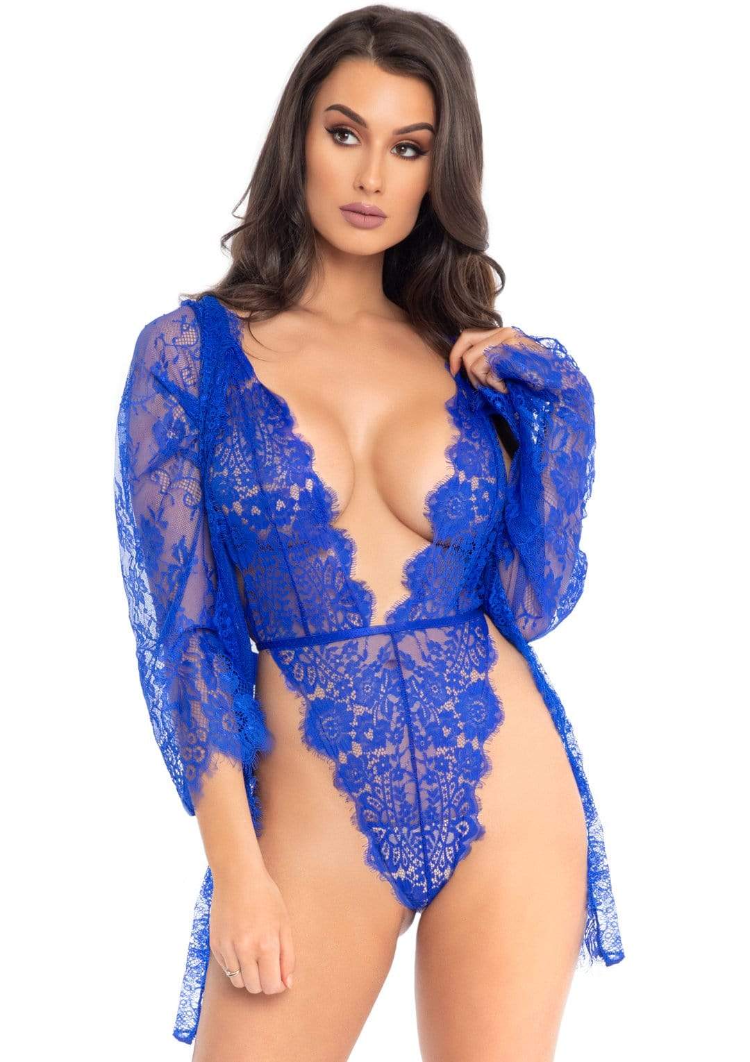 "3pc Lace Teddy and Robe Set - Medium - Royal Blue LA-86112RYLBLUM"