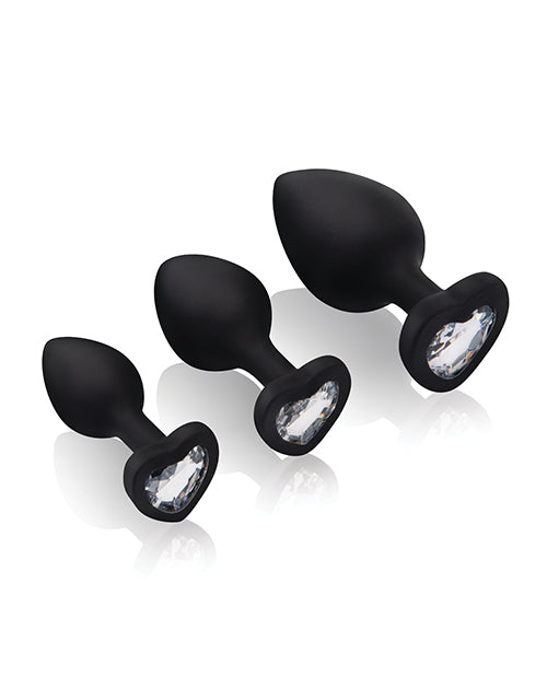 Gemsations 3pc Silicone Heart Butt Plug Training Set — 2.75, 3.15 & 3.7 in, Black