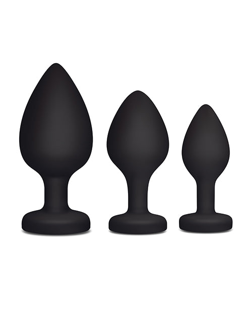 Gemsations 3pc Silicone Heart Butt Plug Training Set — 2.75, 3.15 & 3.7 in, Black