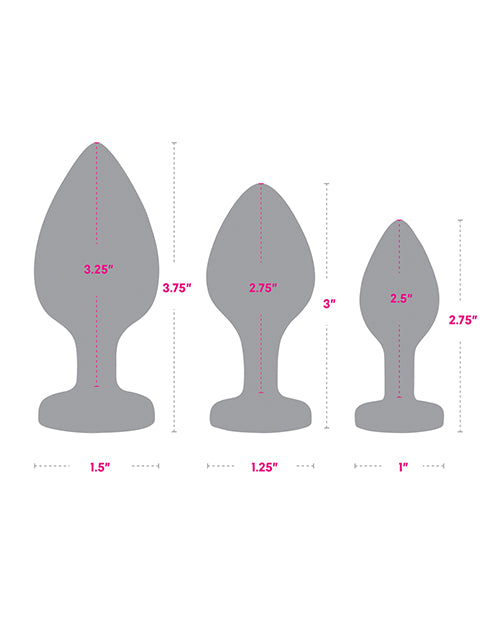Gemsations 3pc Silicone Heart Butt Plug Training Set — 2.75, 3.15 & 3.7 in, Black