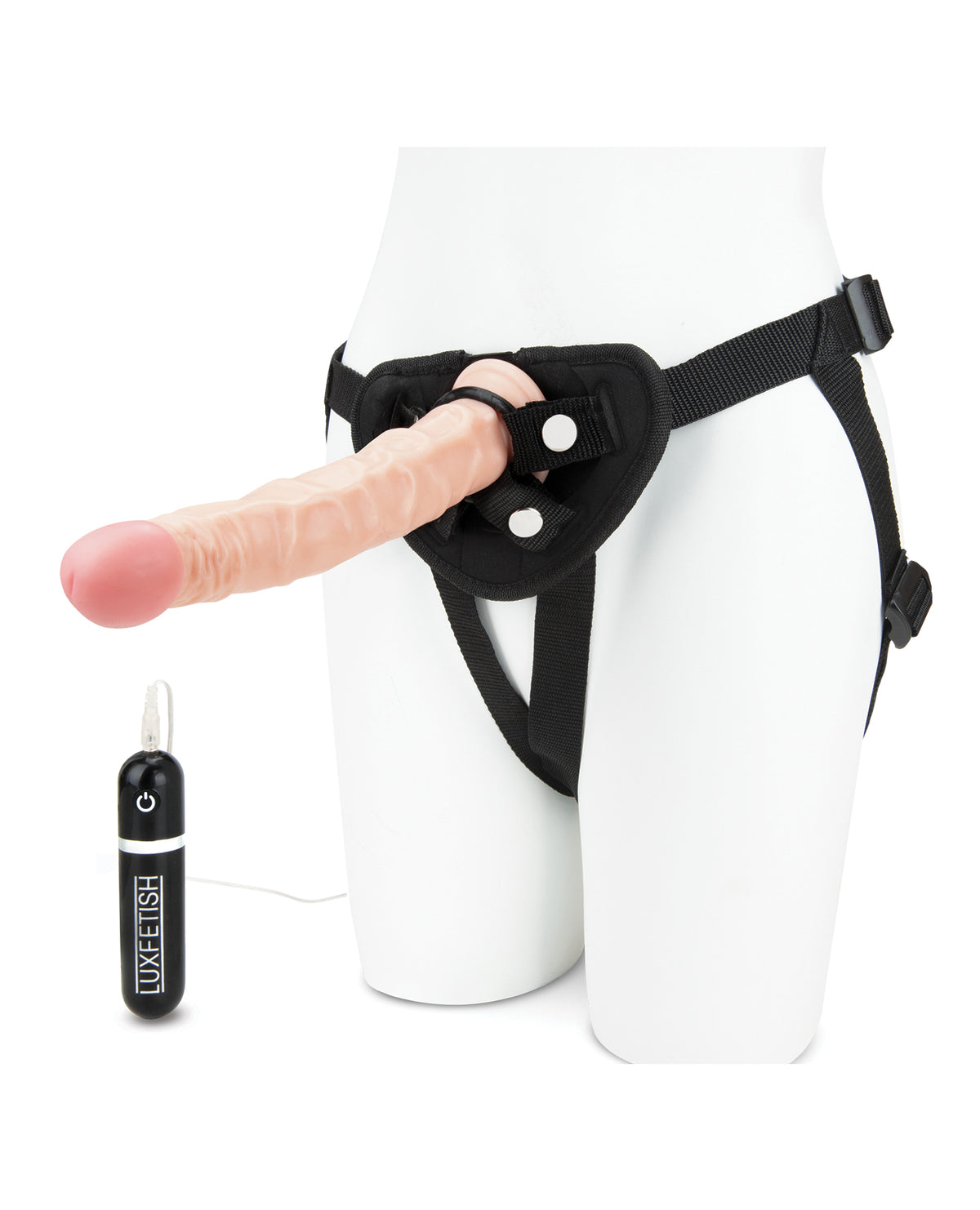 Lux Fetish 8.5in Realistic Vibrating Dildo and Strap-On Harness Set