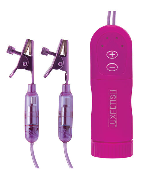 Lux Fetish Vibrating Nipple Clamps with Wired Remote, Pink/Purple