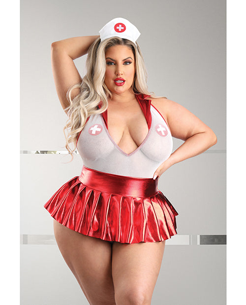 Play Pulse Check Collared Teddy w/Open Back, Pleated Skirt, Medic Hat & Pasties Red/White 3X/4X by Play by Fantasy Lingerie