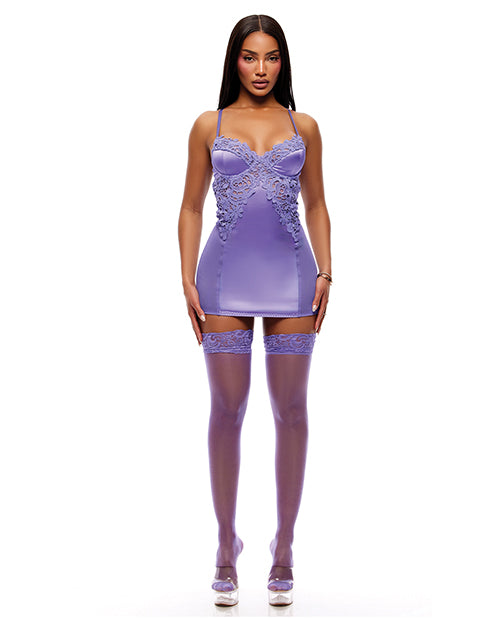 See It Through Guipure Lace Chemise w/Thong & Stockings - Purple LG by Forplay