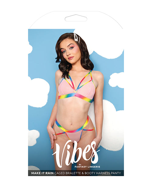 Vibes Make it Rain Caged Bralette & Panty w/Booty Rainbow L/XL by Vibes by Fantasy Lingerie