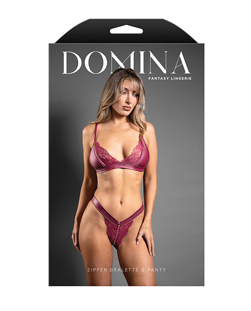 Domina Lace Bralette & Panty in Leatherette w/Zipper Detail - Berry L/XL by Domina by Fantasy