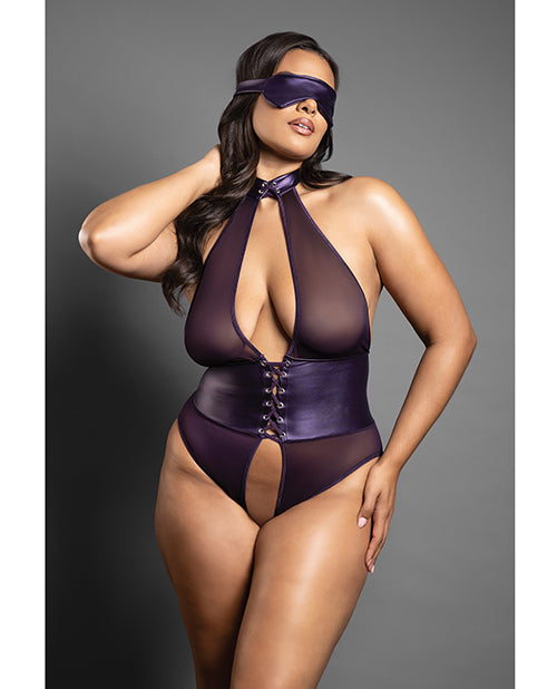 Domina Open Halter Teddy in Mesh & Leatherette w/Matching Blindfold - Purple QN by Domina by Fantasy