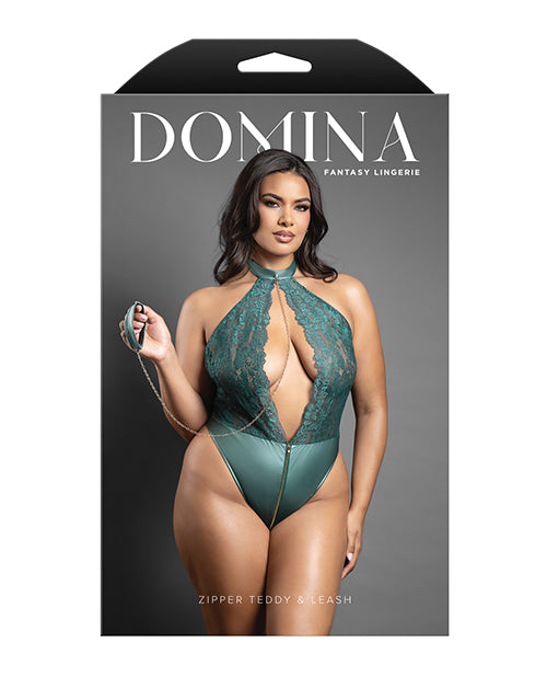 Domina Lace Halter Teddy w/Zipper Detail & Detachable Chain-Link Leash - Green QN by Domina by Fantasy