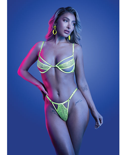 Mind Control UV Reactive Lace and Mesh Underwire Bra & Thong - Neon Green L/XL by Glow by Fantasy Lingerie