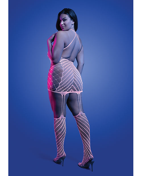 Metamorphic Glow-in-the-Dark Bodystocking Dress; Glows Pink - White QN by Glow by Fantasy Lingerie
