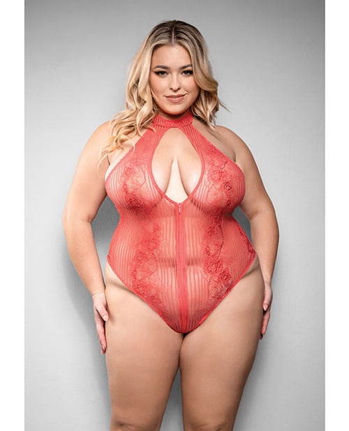 Temptress Calliope Striped Sheer Floral Lace Zippered Teddy - Coral 3X/4X by Temptress by Fantasy