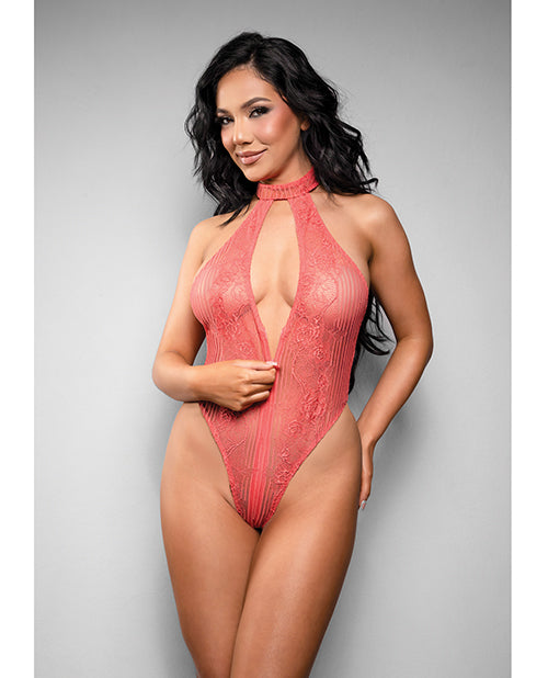 Temptress Calliope Striped Sheer Floral Lace Zippered Teddy - Coral S/M by Temptress by Fantasy