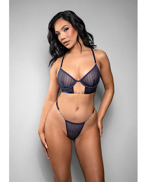 Temptress Celeste Sheer Striped Rhinestone Mesh Bra w/G-String 2 pc Set - Navy L/XL by Temptress by Fantasy
