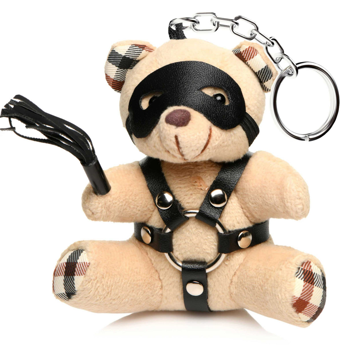 XR Brands Bondage Bear Keychain — Light Peach Plush with Faux Leather Harness, 3.9 in - MS-AH120