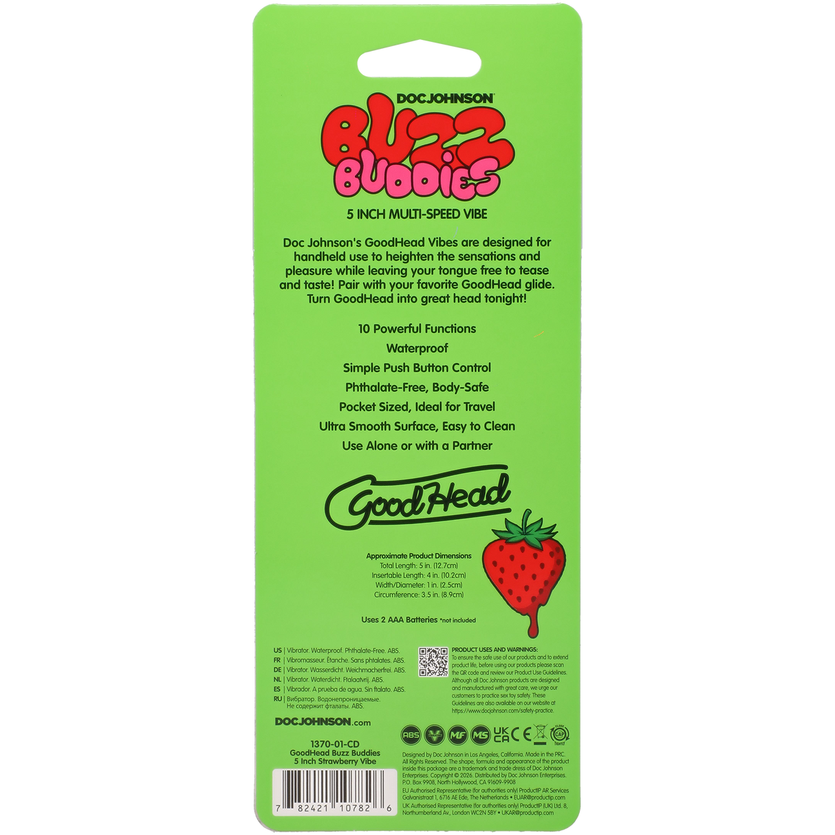 Doc Johnson Goodhead Buzz Buddies 5 Inch Multi-Speed Vibe - Strawberries - DJ1370-01-CD