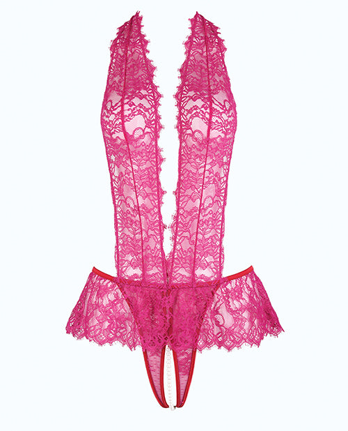 Jocelyn Lace Halter Teddy w/Open Crotch - Raspberry XL by House of Desire