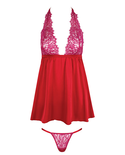 Jocelyn Lace & Satin Halter Mini Babydoll Dress w/Thong - Raspberry SM by House of Desire