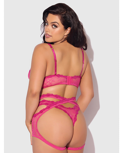 Yvone Lace Bra w/Removable Straps, Garter & Tanga Panty 3 pc Set - Pink 3X/4X by House of Desire
