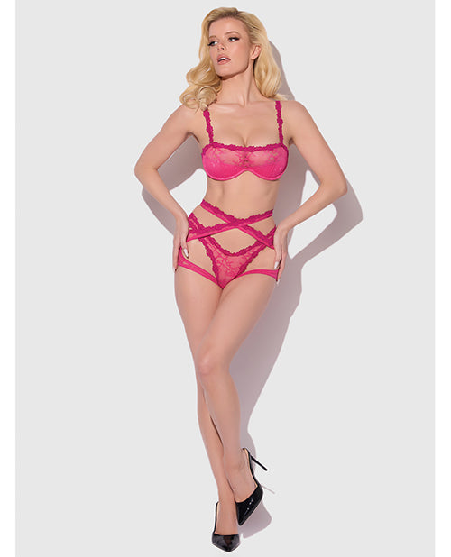Yvone Lace Bra w/Removable Straps, Garter & Tanga Panty 3 pc Set - Pink XL by House of Desire