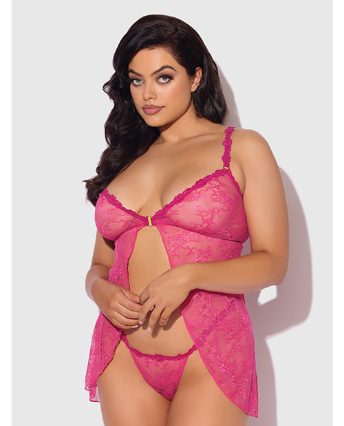 Yvone Lace Babydoll w/Front Closure & G-String 2 pc Set - Pink 1X/2X by House of Desire