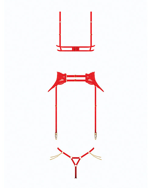 Cecily Lace Cut-Out Bra & Thong w/Garter Straps - Red SM by House of Desire