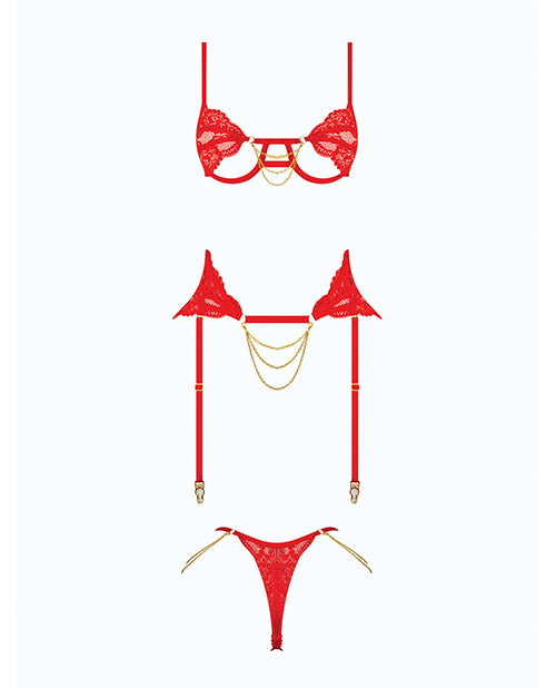 Cecily Lace Cut-Out Bra & Thong w/Garter Straps - Red XL by House of Desire