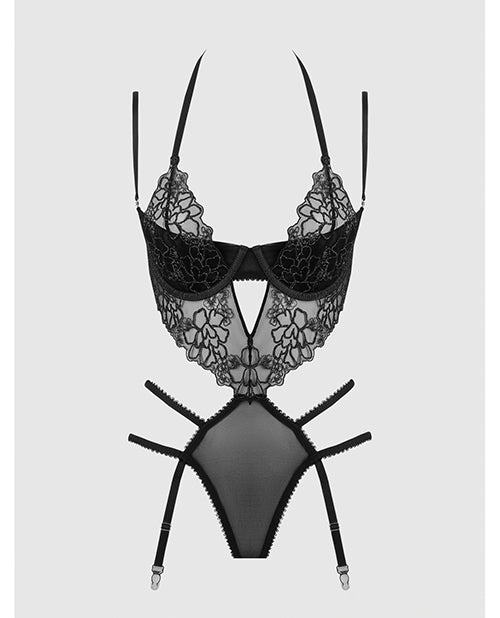 Eden Embroidered Lace & Mesh Teddy w/Garters - Black SM by House of Desire