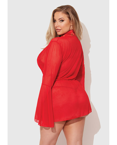 Dragon Sheer Mesh Robe w/Satin Triangle Top & G-String 3 pc Set - Red 3X/4X by House of Desire