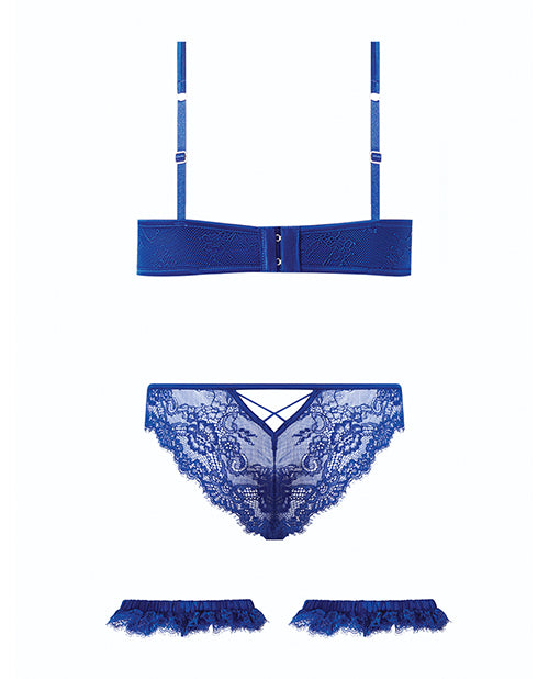 Madeline Lace & Mesh Bra, Garters, & Panty - Cobalt Blue SM by House of Desire