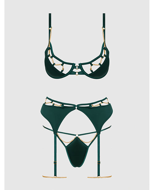 Evangeline Satin & Chain Push Up Bra, Thigh Garter Belt & G-String Set - Green XL by House of Desire