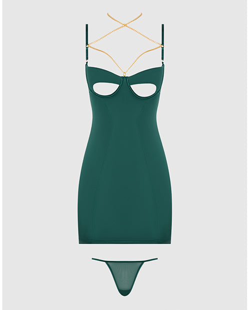 Evangeline Satin & Chain Open Cup & Back Chemise & G-String Set - Green LG by House of Desire